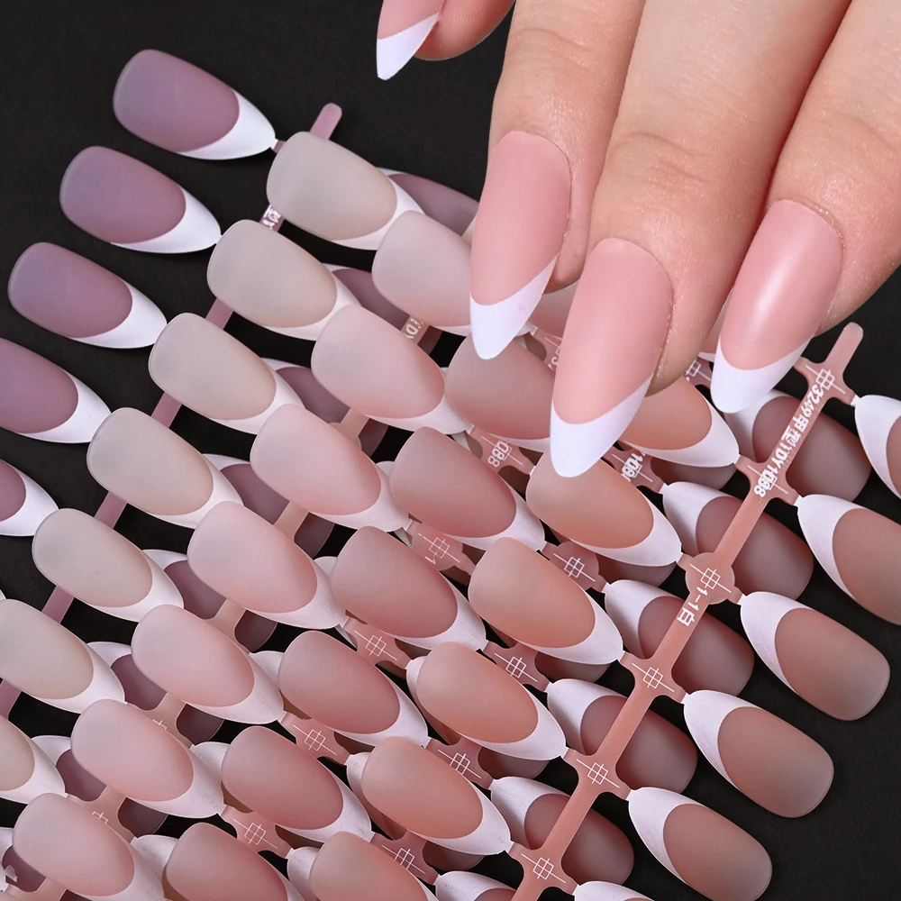 5*30Pcs French Almond False Nails 15-Sizes Full Cover Frosted Oval Press On Nails Nude/Pink Matte/Glossy Artificial Fake Nailtip