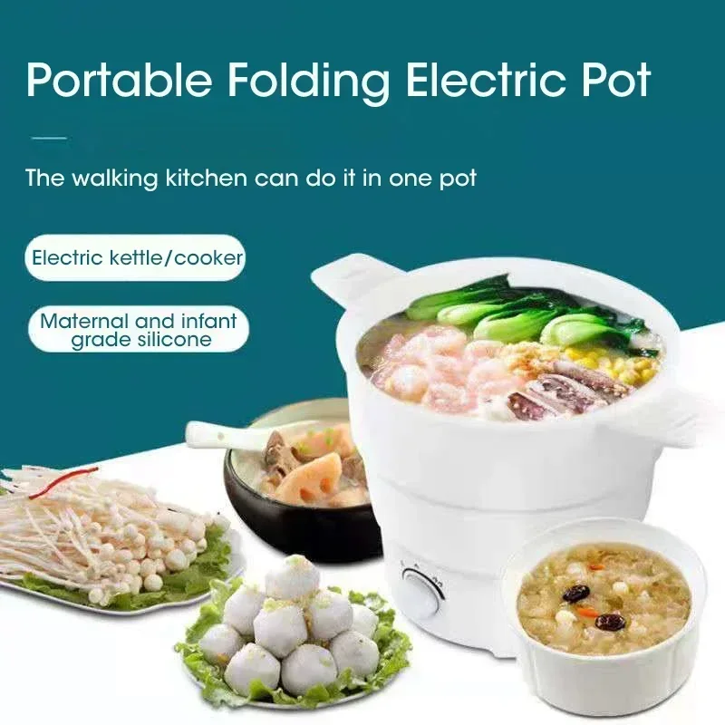 Travel Folding Electric Silicon Cooking Pot 1.2L Portable Food Grade Silicone Kettle Travel Dormitory Noodles Boiler Hotpot Cook