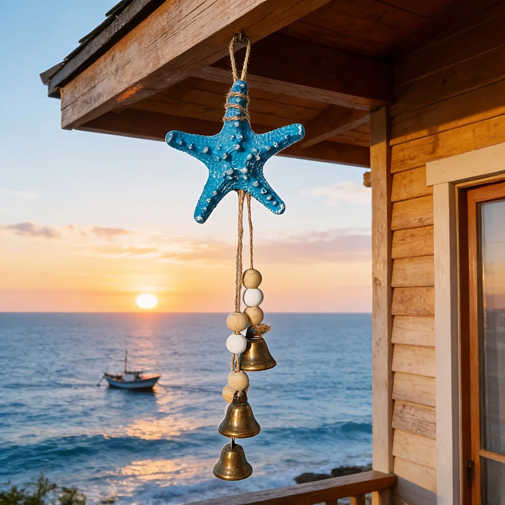 Coastal Resin Starfish Wind Chime with Bell, Ocean Themed Hanging Decoration, Suitable for Home,Terrace, Porch. Summer Must-have