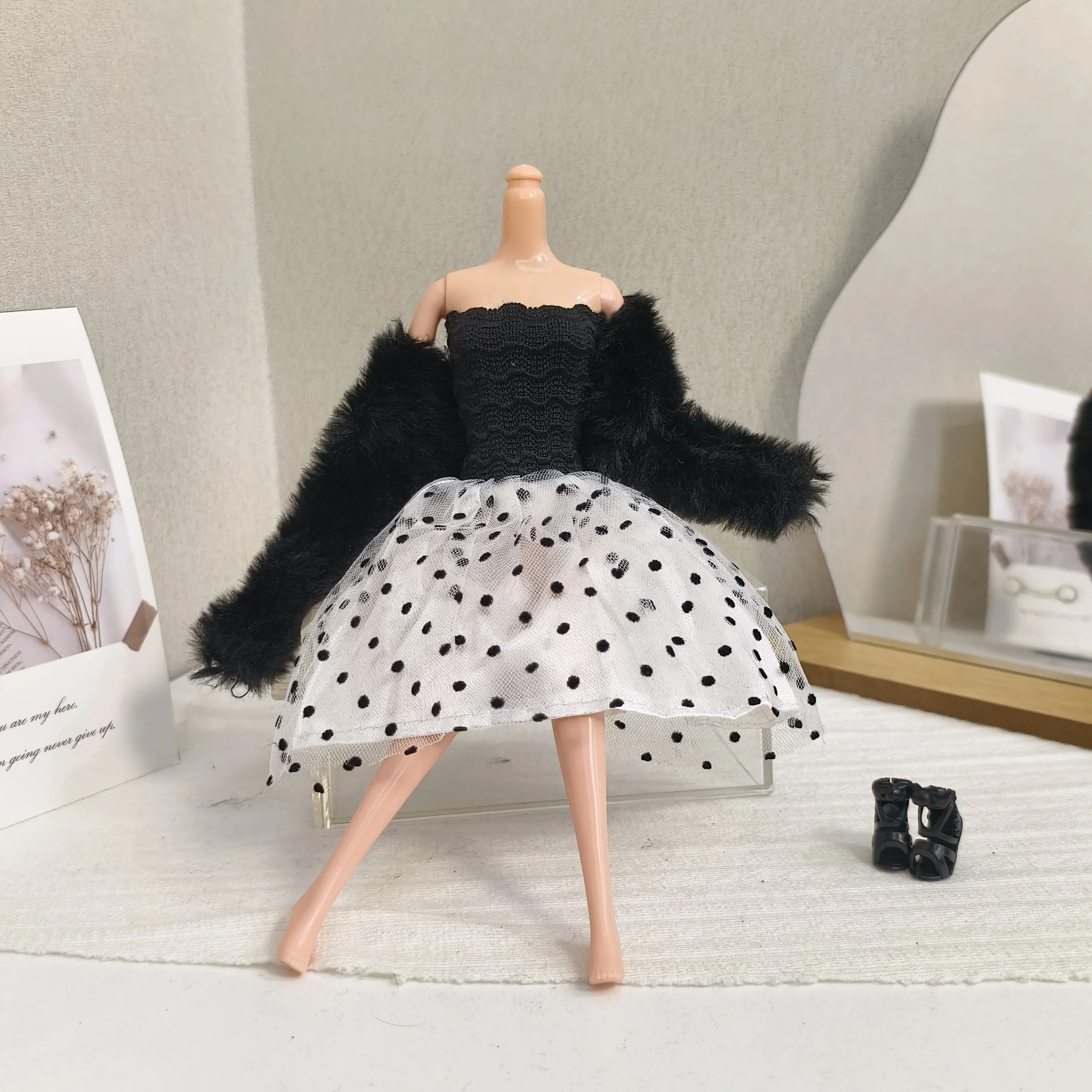Winter Fashion Plush Jacket + Gentle Polka-dot Dress Set For 1/6 FR Babi Xianxian Supermodel Doll 30cm Doll Clothes Accessories