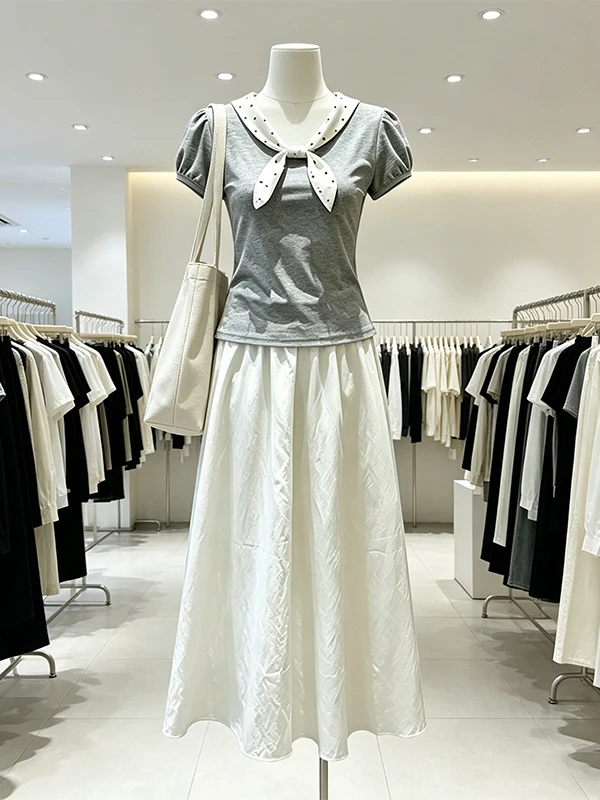 

plus Size Women's Summer New Style Bubble Sleeve Slim Fit Top A-Line Skirt Set High Waist Commuter Korean Style Fashion
