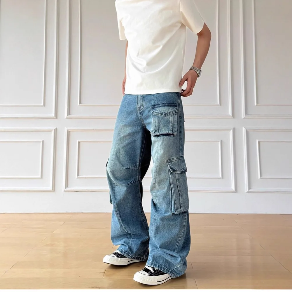 American Vintage New Men's Blue Solid Color Washed Multi Pocket Casual Trendy Basic Simple Wide Leg Denim Trousers Male Jeans