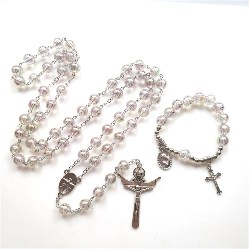 Catholic Rosary Necklace Pendant Bracelet Religious Acrylic Beads Long Chain for Women Christian Jewelry Baptism