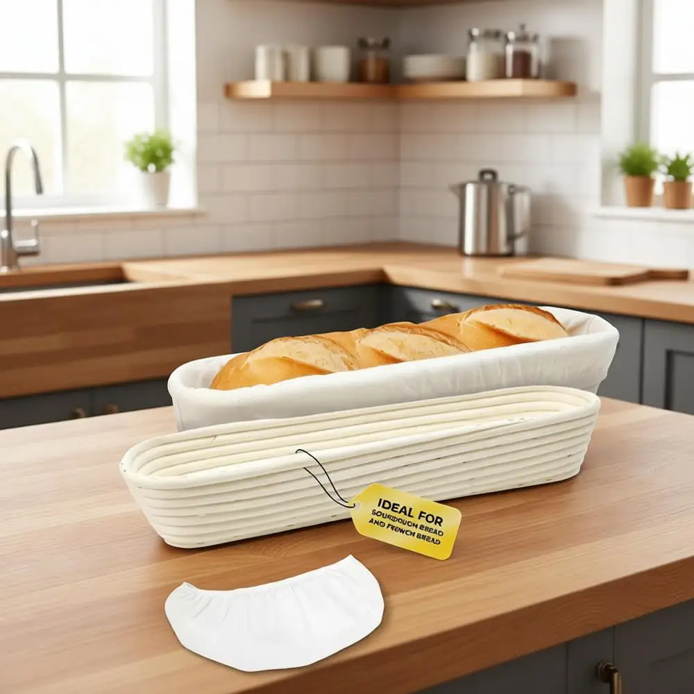 

Набор из 2 корзин для расстойки хлеба из натурального ротанга с хлопковыми вкладышами и электронной книгой с рецептами багетов