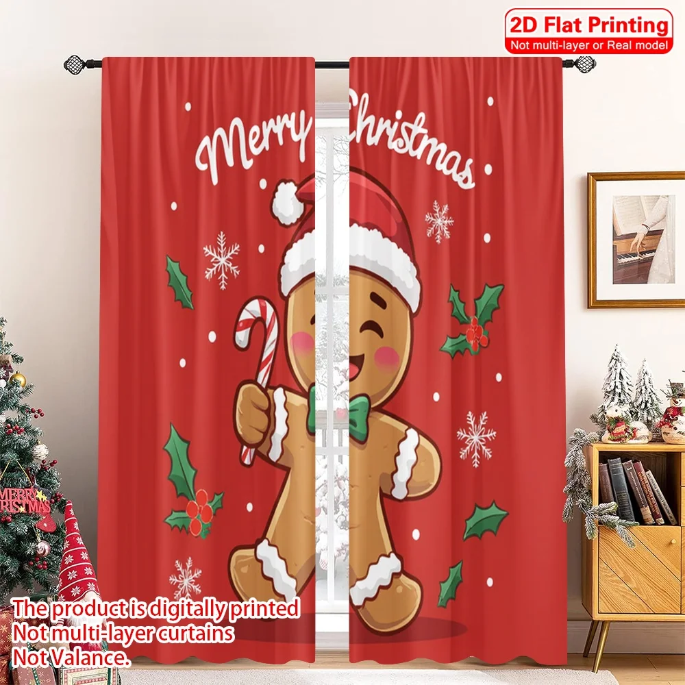 

2pcs 2D flat printing Merry Christmas Popular Window Curtains Christmas Gingerbread Man Watercolor 100% Polyester Without