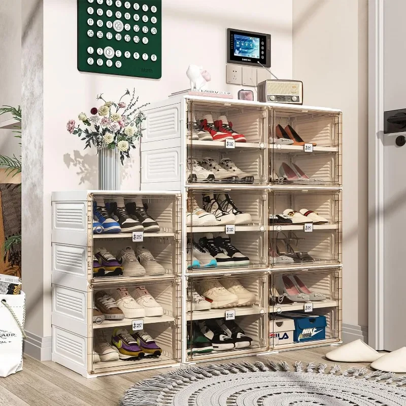 Stackable Sneaker Storage Shoe Cabinet with Magnetic Clear Door, Large Plastic Storage containers Bins with Lids 4 Tiers