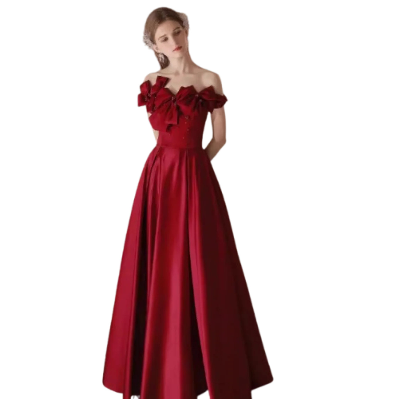 

One shoulder banquet, wine red evening gown, hosting western-style long dress, bride's wedding engagement graduation party dress