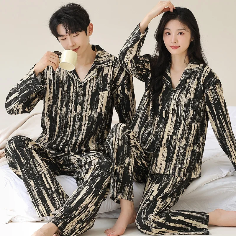 Cotton Couples Nightwear for Autumn and Spring Women\'s Long Sleeves Pajama Set Men\'s Cardigan Homewear Young Boy Girl Korean Pjs