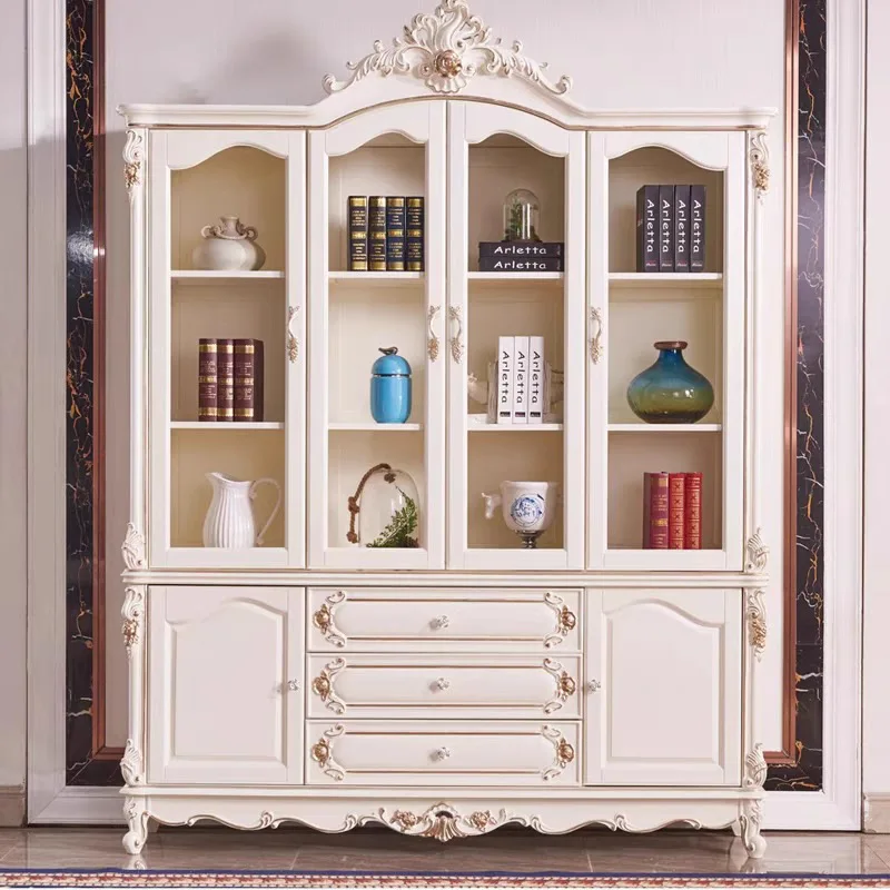 European-style bookcase four doors, white floor-to-wall storage with door, all solid wood bookcase, study office high-end