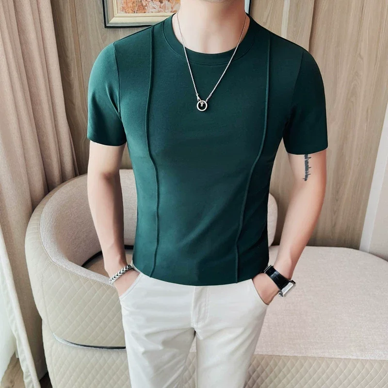 2024 Autumn New Round Neck Solid Color T Shirts Korean Luxury Long Sleeves Men\'s Casual Slim Fit Elastic Cotton Tee Shirts 4XL-M