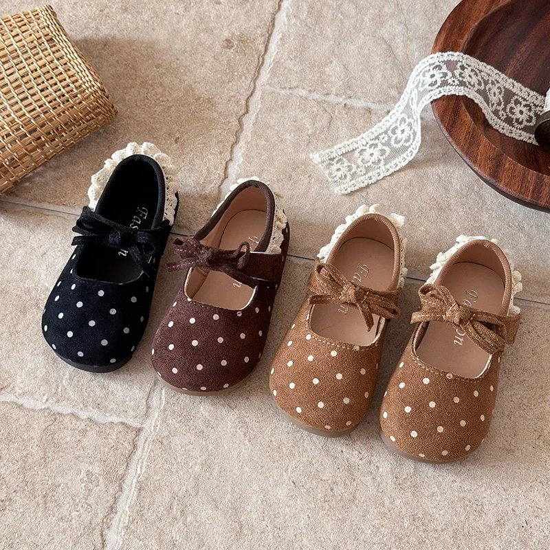 Toddler Girls Vintage Polka‑dot Mary‑Jane Flat Shoes, Lace Trim Bow Decor Magic‑Tape Soft Casual Baby Princess Dress Shoes