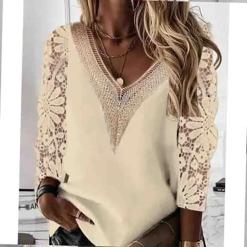 New V-neck Stitching Lace Women Blouse Long Sleeve Spring Hollow Out Chiffon Shirt Casual Tops Loose Clothes Blusas 25948