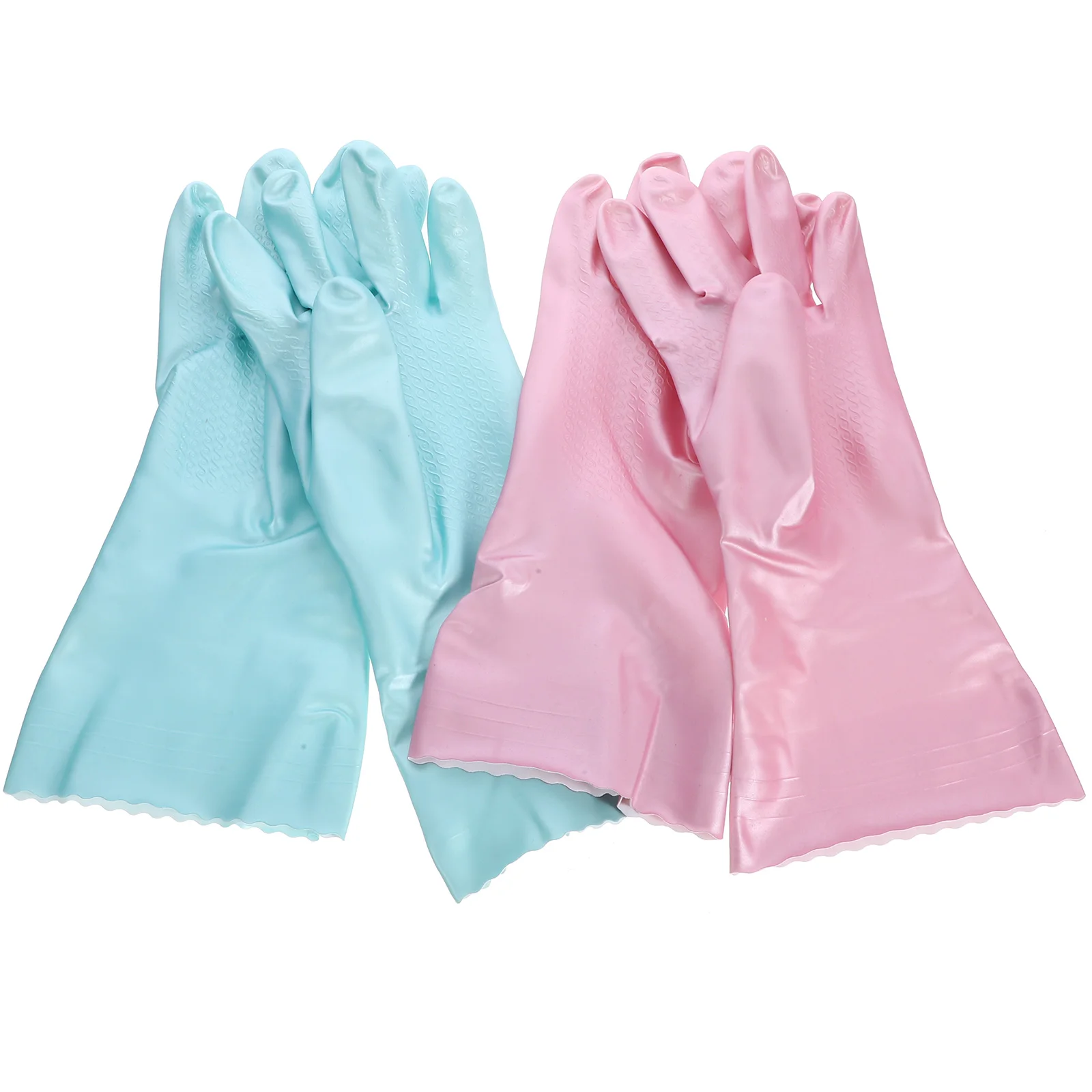 

2 Pairs M Size Waterproof Gloves for Dishwashing Kitchen Cleaning Reusable Rubber Gloves Blue Pink Flocking Thickened