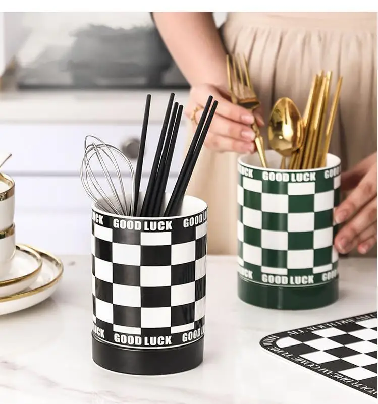 Organizador De Cocina Black and White Checkerboard Ceramic Chopsticks Holder Pantry Storage Box Drain Chopstick Rest Container