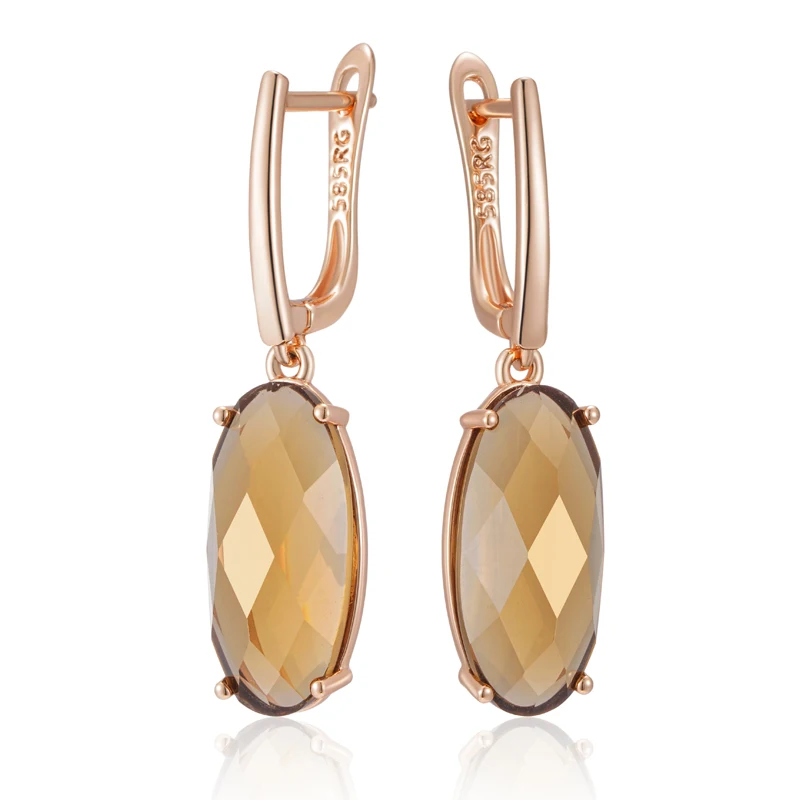Kinel Fashion Big Oval Light Brown Natural Zircon English Earrings Women Simple 585 Rose Gold Color High Quality Daily Jewelry