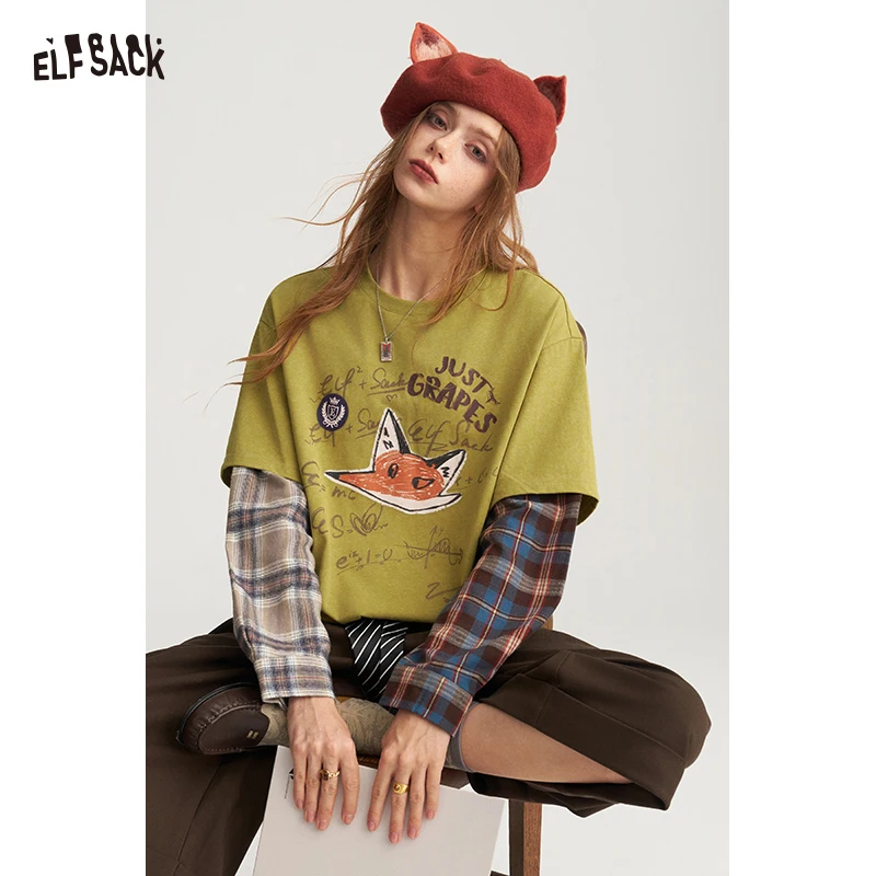 ELFSACK Women's Preppy Loose Faux Two-Piece Tee with Fox Doodle Badge Print, Plaid Patchwork Long Sleeve Top for Everyday Casual