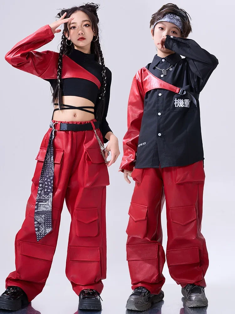 Costume Hip Hop rouge pour filles, haut court, couvre-bras rouges, pantalons en cuir pour garçons et enfants, vêtements de Jazz, ensemble de scène de danse de rue