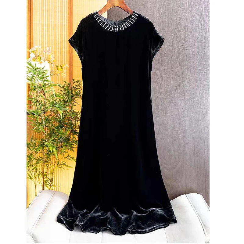 High-End-Sommer-Neues O-Ausschnitt-Perlen-Design mit Seide + Samtstoff, kurzärmelig, modisches, elegantes schwarzes Damenkleid S-XXL
