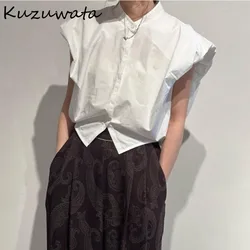 Kuzuwata Vintage Stand Collar Sleeveless Loose Shirt Button Casual All-match Ruched Blouses Japan New Fresh French Style Blusas