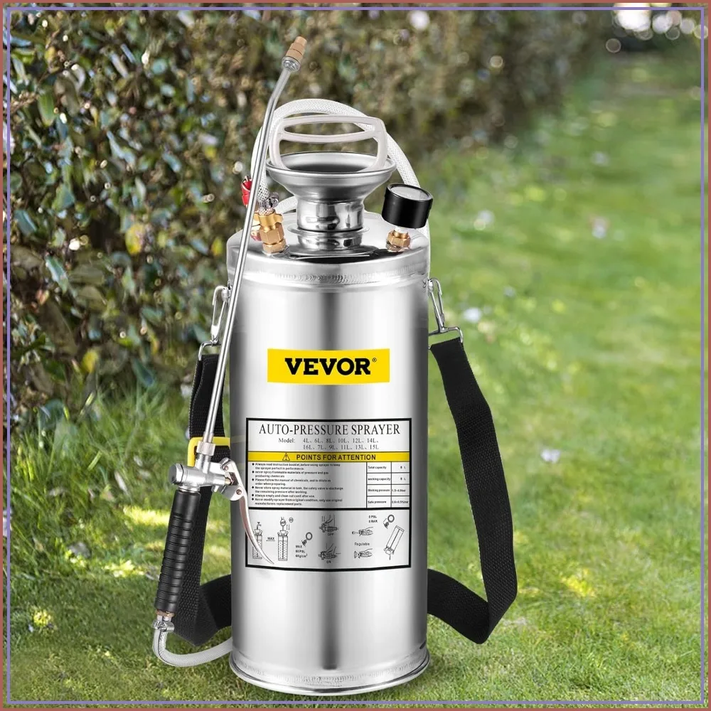 

2 Gallon Stainless Steel Sprayer, 20" Wand & 3FT Hose, Hand Pump with Pressure Gauge & Adjustable Nozzle, for Lawn, Garden & Sanitizing