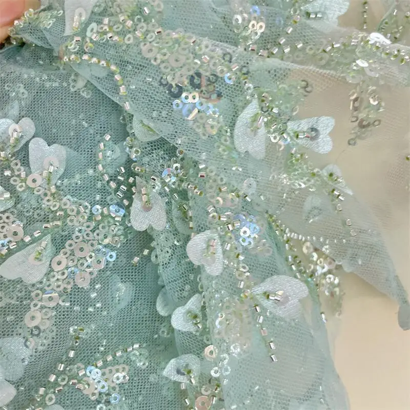 Hellviolette staubige grüne Pailletten perlens tickerei Hochzeits kleid Stoff DIY Näh stoff, 3d Spitzens toff – Detail 8