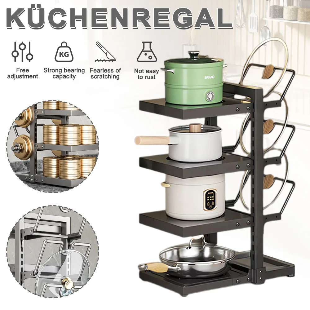 Organizzatore per pentole in acciaio al carbonio a 7 livelli, regolabile in altezza, con 4 ripiani per utensili da cucina e un supporto a forma di U a 3 livelli per coperchi, vassoio raccogli-acqua