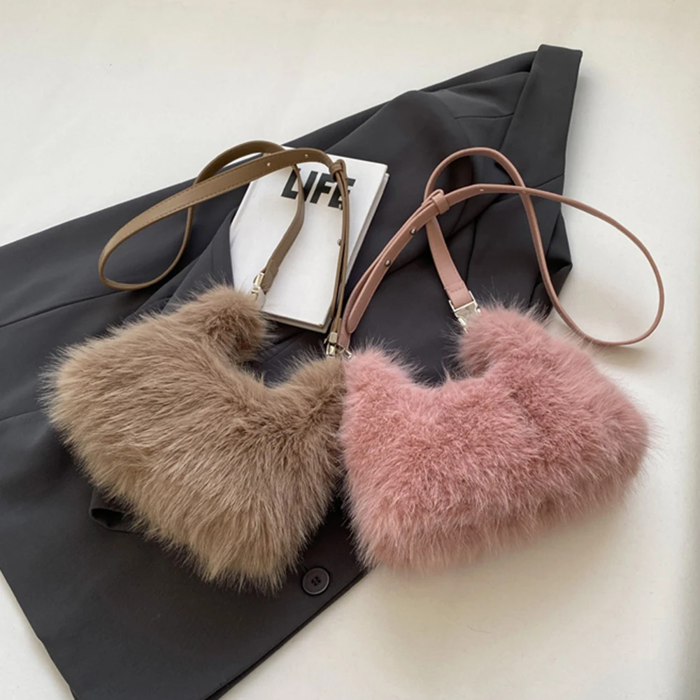 Women Faux Fur Fluffy Crossbody Bag Soft Plush Handbag Adjustable Strap Clutch Purse Solid Color for Travel Party