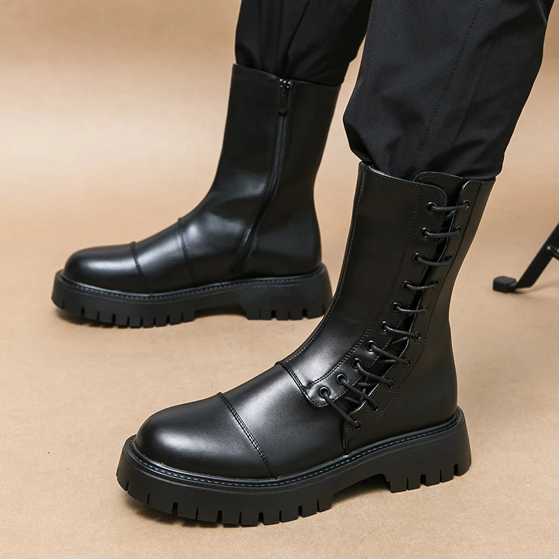 men luxury fashion punk stage high platform boots brand designer shoes cowboy original leather boot cool long motorcycle botas