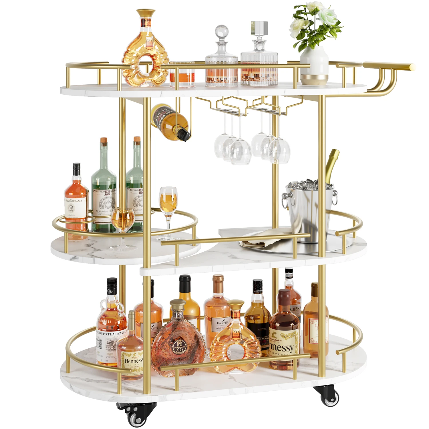 3-Tier Rolling Bar Cart with Wine Rack & Glass Holder, Metal Serving Cart on Wheels with Storage Shelves for Kitchen, Dining Room & Living Room, 87 x 40 x 94cm, Gold