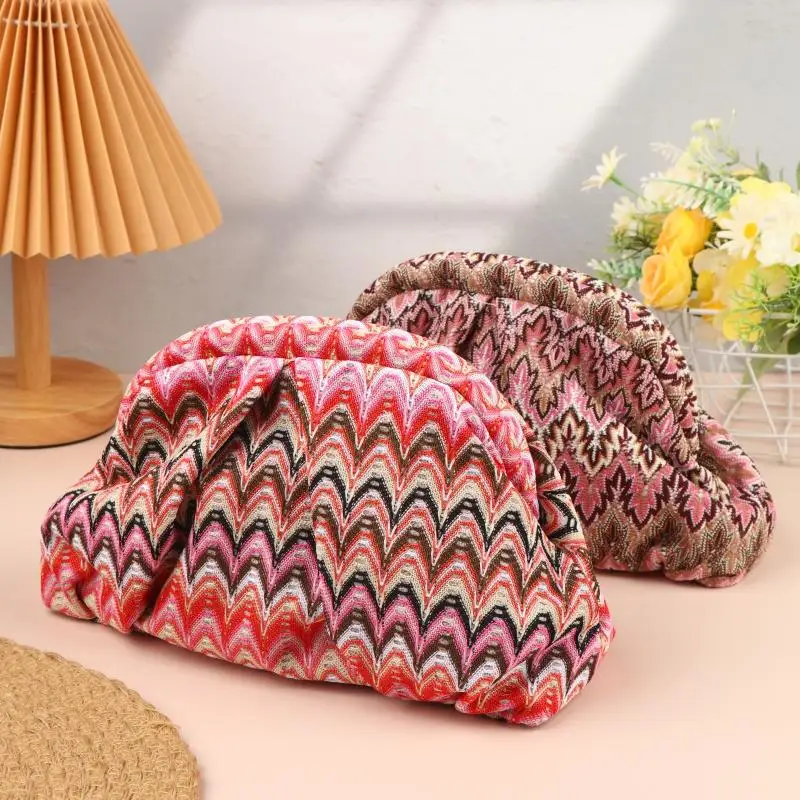 Boho Vintage Woven Clutch Large Capacity Clip Bag Elegant Handbag Evening Bag Pleated Cosmetic Pouch For Women Gifts