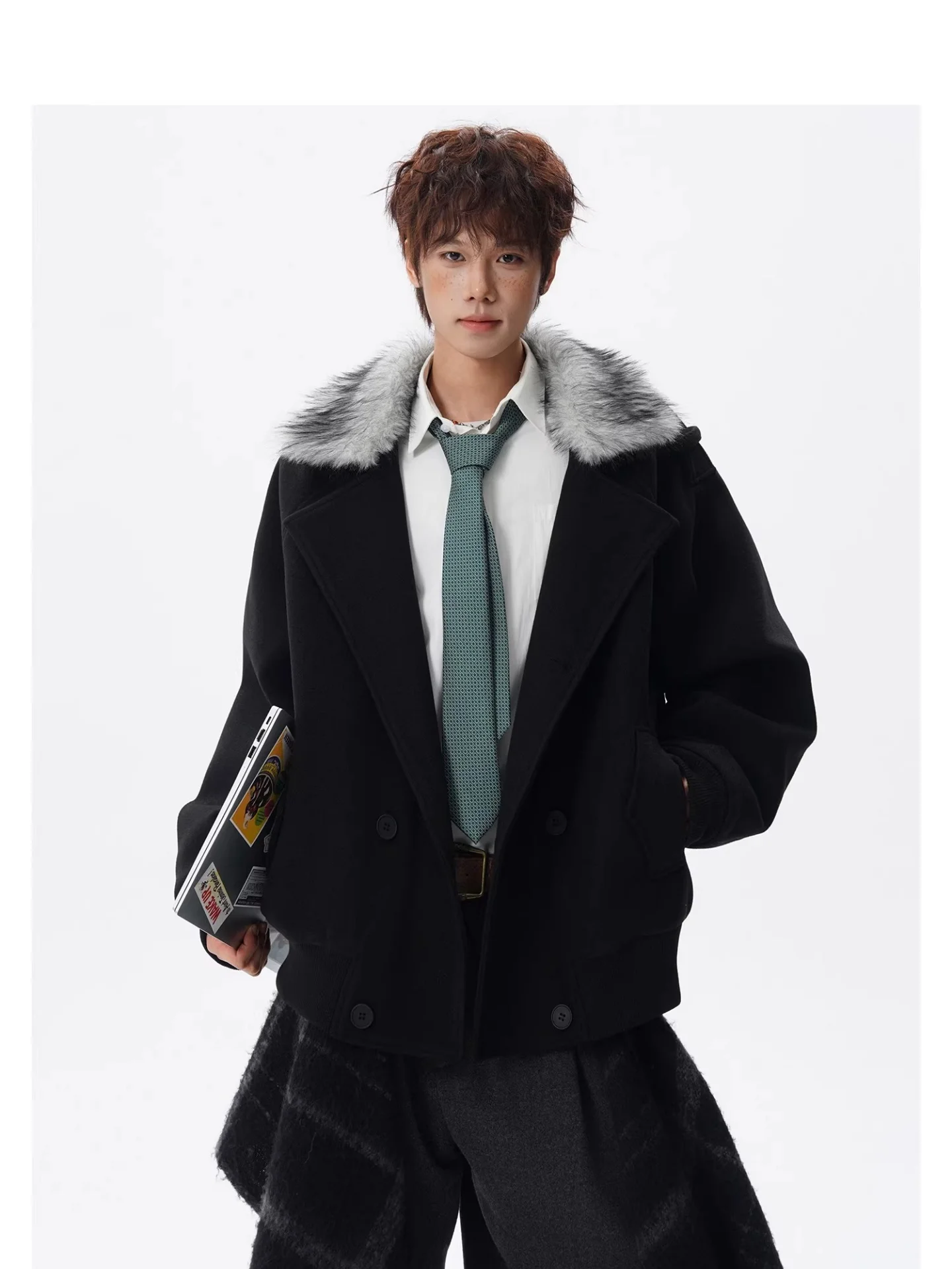 

Thiened Cotton Woolen Men's Coat Spring Loose Large Size Design Windbreaker Outerwear Trendy Detachable Fur Collar