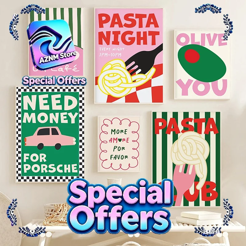 Póster con cita de arte culinario a color, pintura en lienzo de Pasta Club, impresiones de pared, imágenes de patatas fritas para cocina, decoración del hogar, cafetería y sala de estar