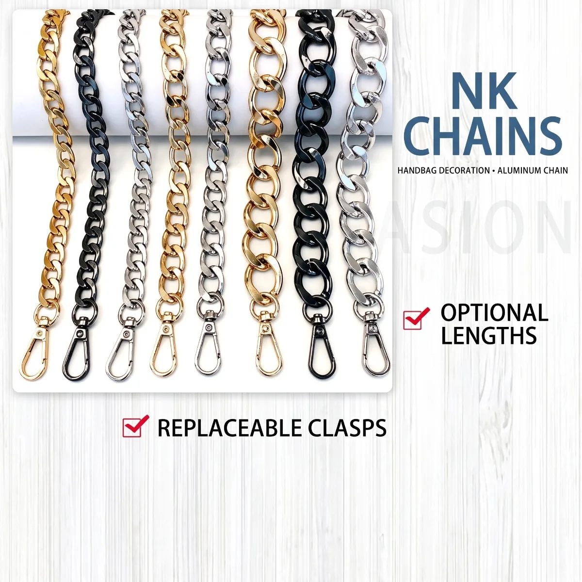 Aluminum Curb Chain Strap Flat Metal Shoulder Crossbody Replacement Handle Extender with Swivel Snap Hooks for Purse Wallet DIY