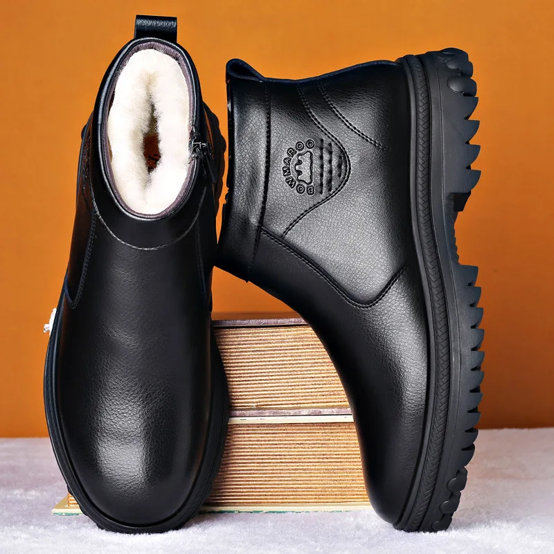 Botas de couro genuíno para homens, botas de neve impermeáveis, calçado de borracha quente, pele natural, calçado de trabalho, inverno, novo