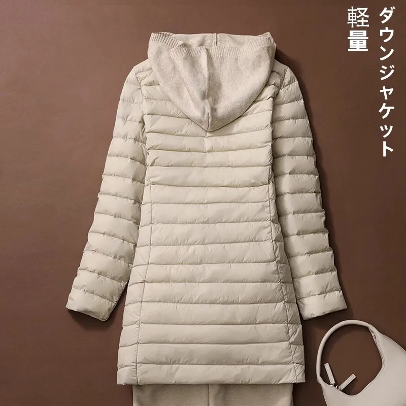 Outono inverno longo de malha retalhos com capuz jaqueta feminina ultra leve fino pato branco para baixo casaco senhoras quente puffer parkas