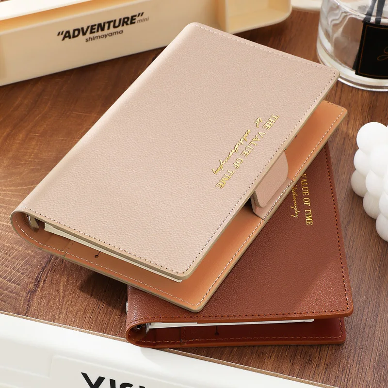 A5 6 Hole Leather Look Binder with Magnetic Buckle 80 Sheet Refillable Loose Leaf Notebook Inner Card Pocket for Business