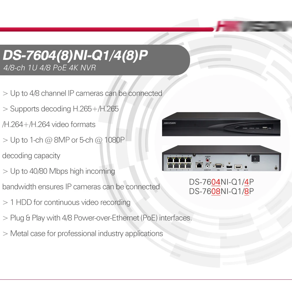 Imagem -02 - Hik-ipc Security Network Video Recorder Nvr Ds7604ni-q1 4p Ds-7608ni-q1 8p 8ch Poe H.265 Mais Sata 4mp