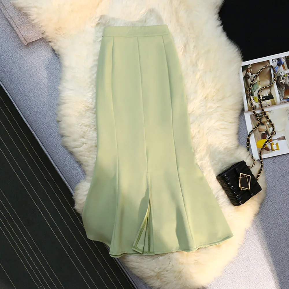 

2024Spring Summer New Ladies Temperament Long Fishtail Skirt Fashion Slim Joker Solid Color Half-Length Comfortable Zipper Skirt