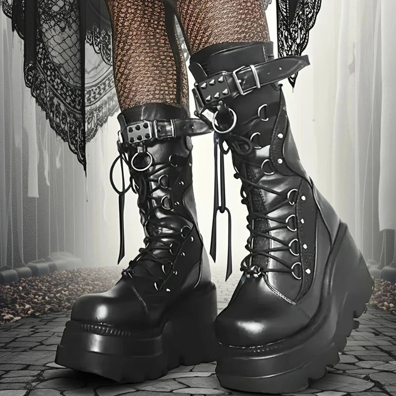 Neue Damen Goth Plattform Stiefel Mode Niet Schnalle Punk Keile High Heels frauen Stiefel Party Straße Cosplay schuhe