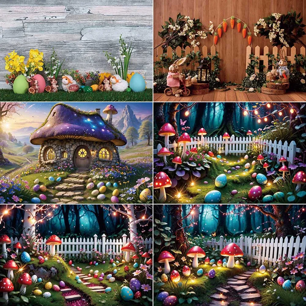 MOON.QG Happy Easter Bunny Photography Backdrop Bokeh Mushroom Garden Photocall Background Baby Photo Studio Photocall Supplies