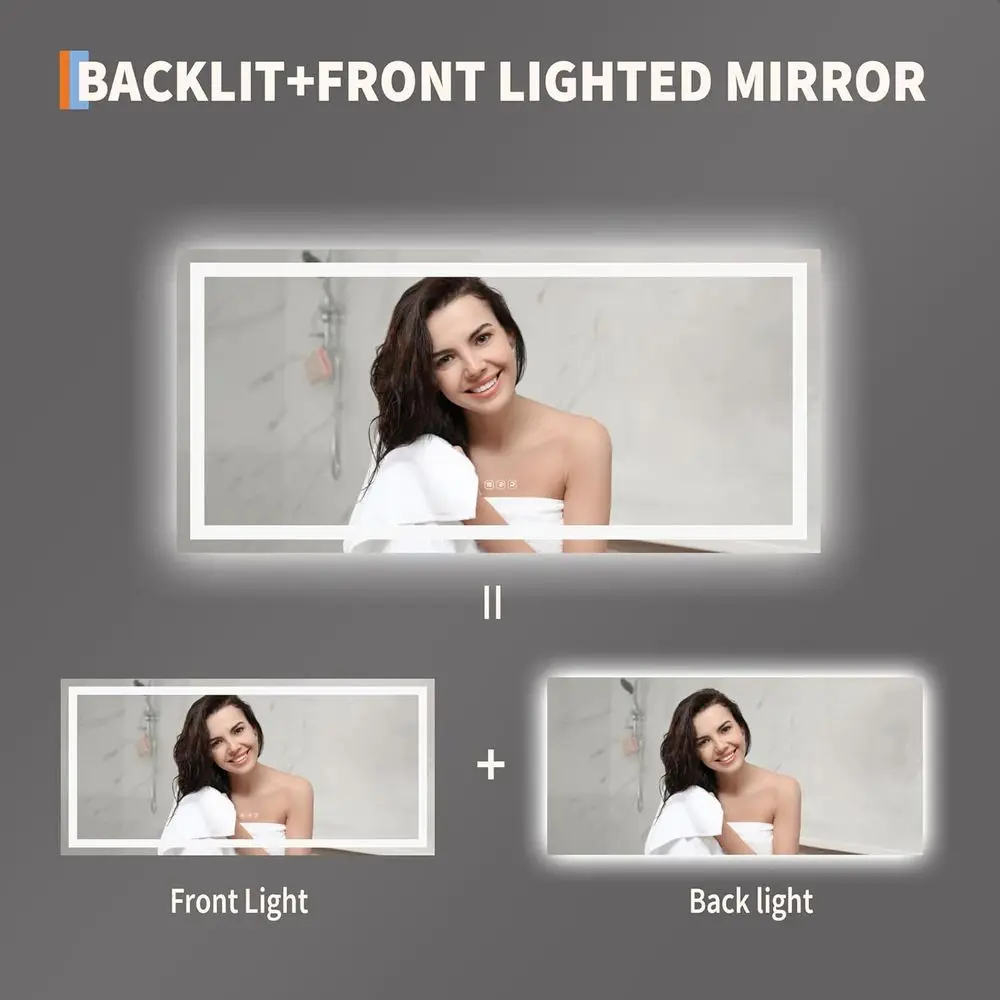 Miroir LED 55x26 à intensité variable, antibuée, rétroéclairage et éclairage avant, miroir de courtoisie mural avec fonction mémoire, incassable, Horizo