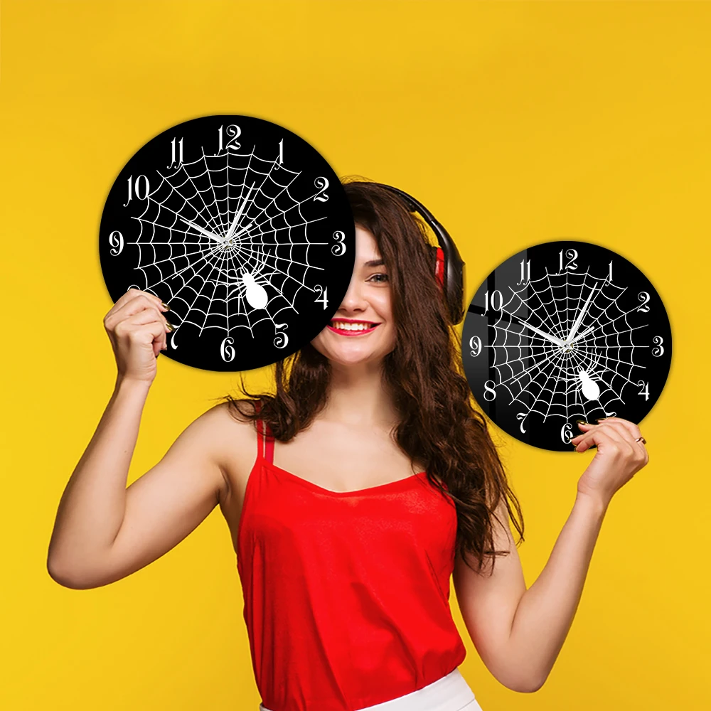 Spider Web Black Quartz Wall Clock Halloween Party Signs Horror Spider Web Cobweb Wall Decor Modern Wall Watch Silent Movement