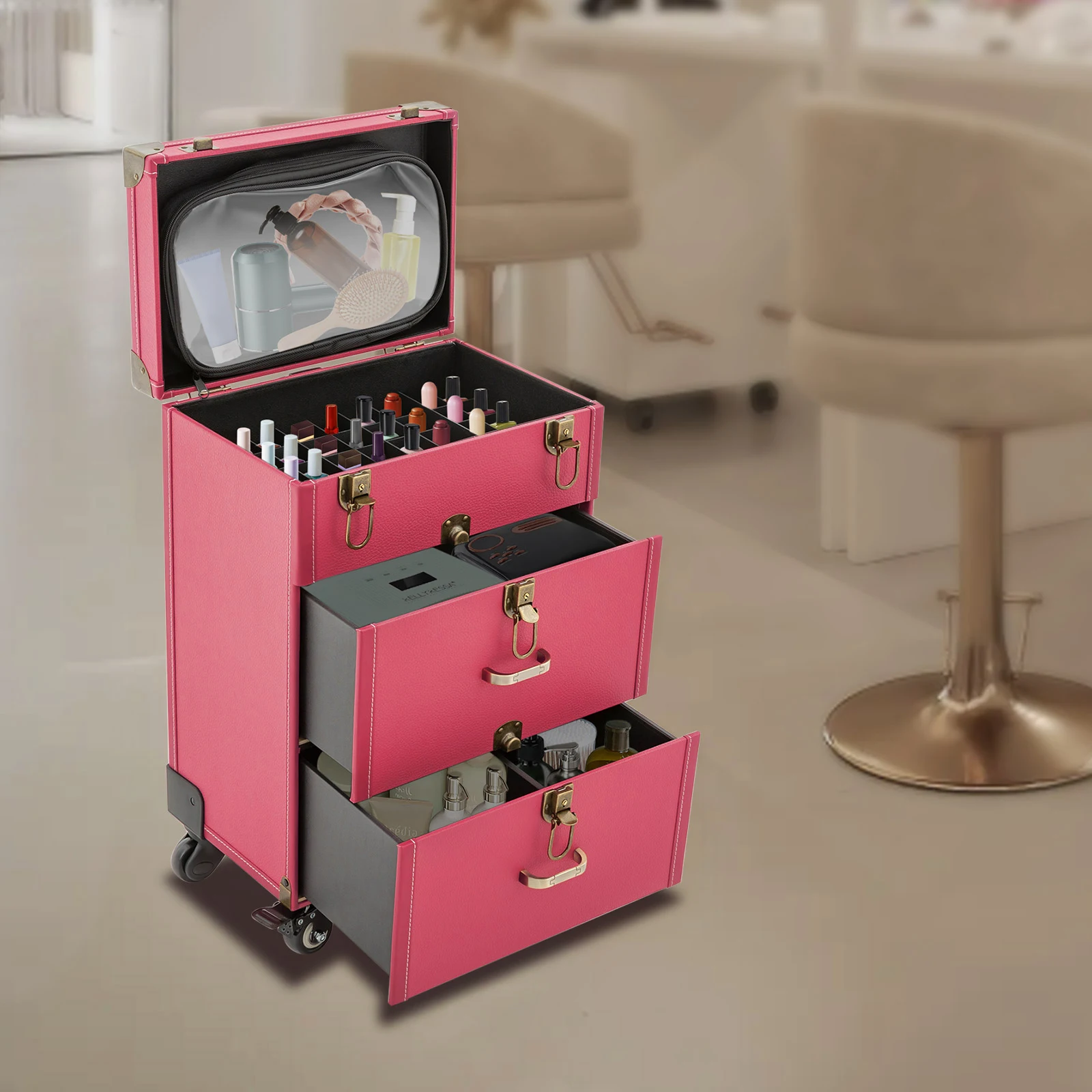 Makeup Train Case, Rolling Makeup Trolley Case, w/ 4 Wheels, Rose