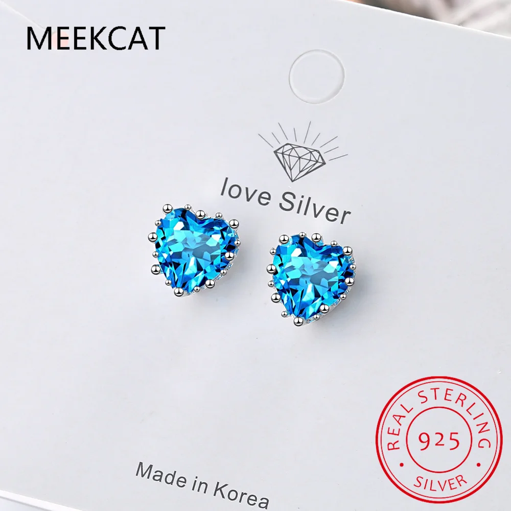 1.8ct prawdziwy niebieski topaz 925 srebro kolczyki w kształcie serca dla kobiet kamień szlachetny piękna biżuteria prezent ślubny