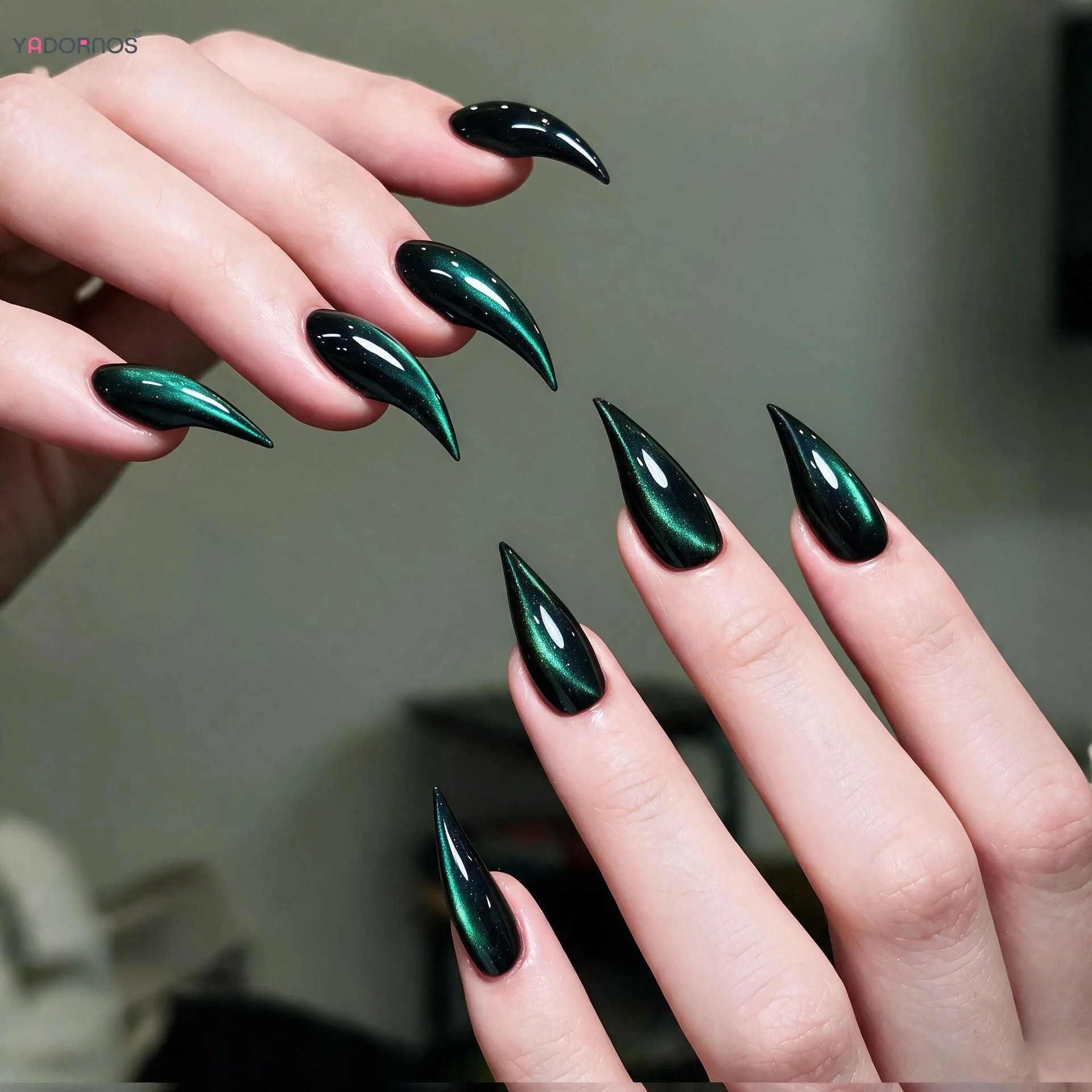 30pcs Alien Shape Long Pointed Fake Nails Dark Green Cat't Eye Dragon Claw Press On Nails Elegant Girls Cat Claw False Nail