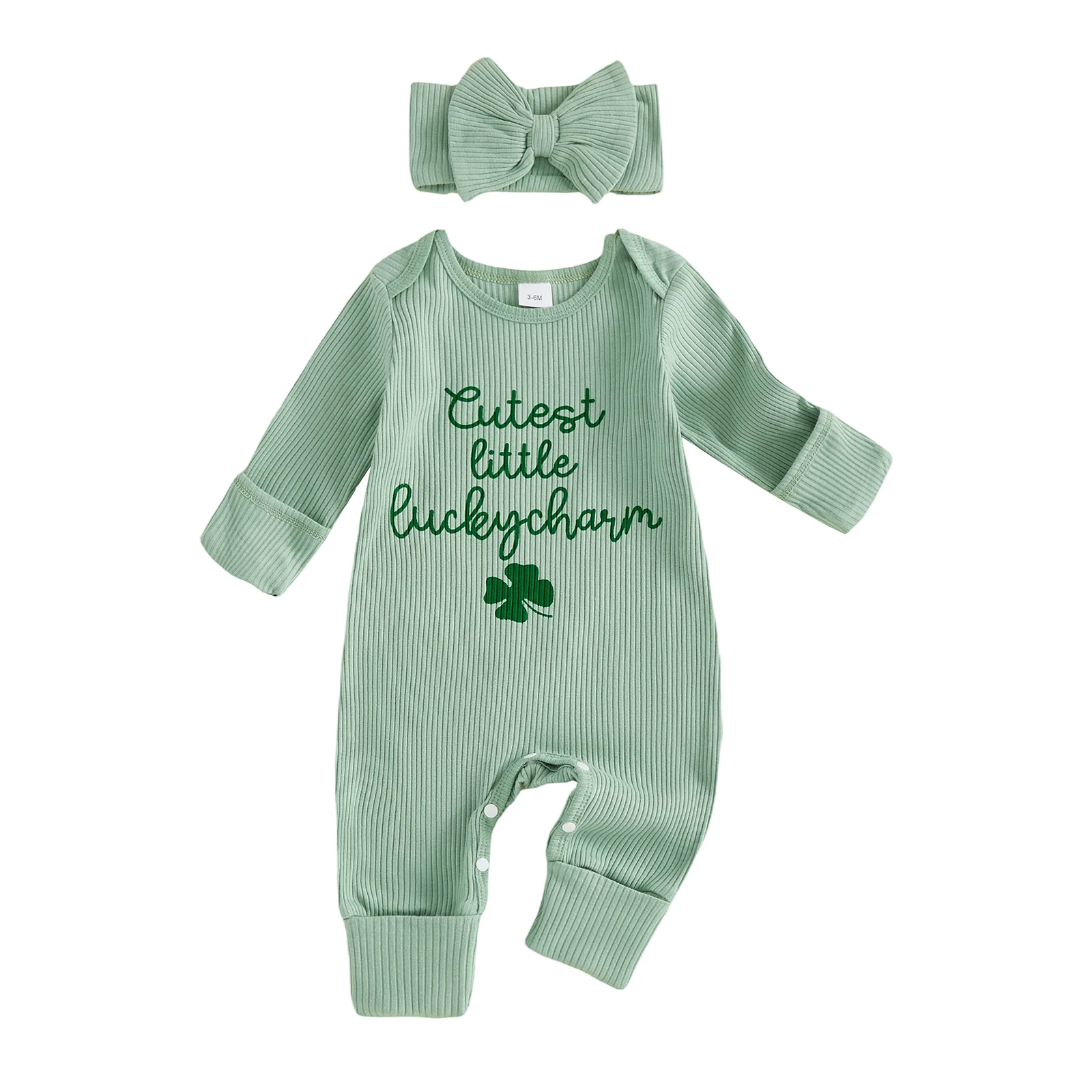 

Baby Girl Spring Clothes Irish Shamrock Letter Print Long Sleeve Round Neck Ribbed Romper Bow Headband 2 Pcs Set