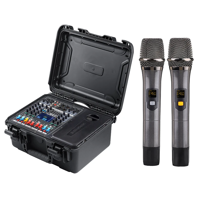 

Professional integrated aviation box 4-channel audio DJ mixer, power 250W, dual handheld compatible with Bluetooth karaoke