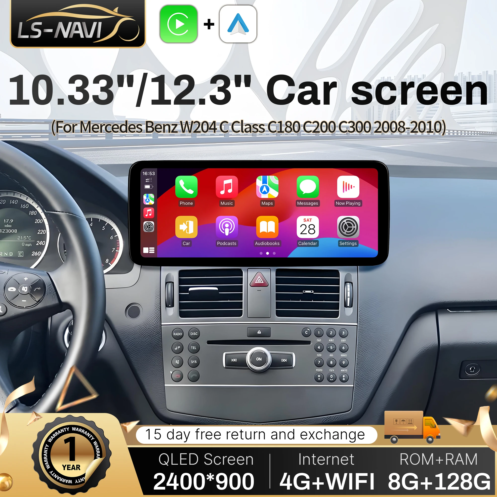 

10.33"/12.3" Android 14 For Mercedes Benz W204 C Class C180 C200 C300 2008-2010 Wireless BT Carplay Car Radio Multimedia Screen