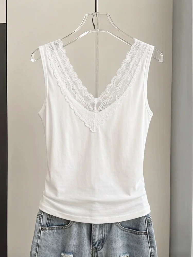 

Women's Lace V-neck Sleeveless Vest 95% Cotton Summer New Style plus Size Slim Fit Top Inner Wear Outer Wear Base Layer
