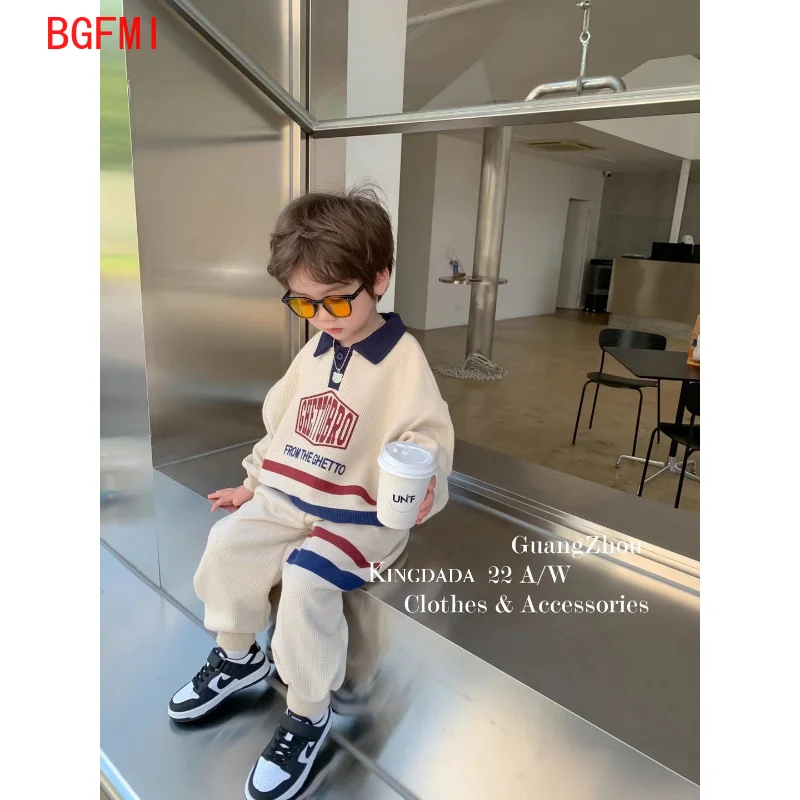 1-8Y Korean Kid Clothes Baby Boy Spring Autumn Suit Waffle Letter Print Baby Girls Outfits Lapel Cotton Sweater + Pants 2pcs Set